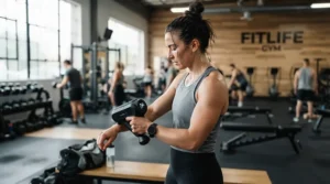 Testing the percussion frequency of a percussion massage gun on a gym bench in London