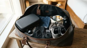 A compact percussion massage gun packed inside a travel bag for trips across the UK
