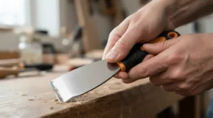 Close-up of hands securely holding an ergonomic stainless steel muscle scraper during a session.