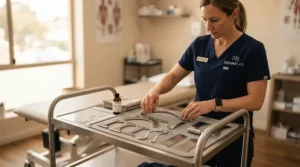 Professional therapist organising a set of stainless steel muscle scrapers on a treatment trolley.