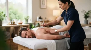 Sports therapist holding a stainless steel muscle scraper during a recovery session.
