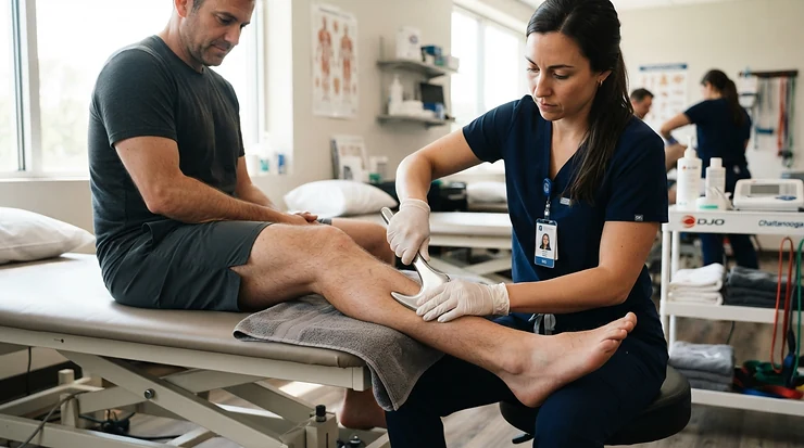 A practitioner using a stainless steel muscle scraper on a client's calf in a bright clinic.