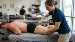 Using a stainless steel muscle scraper on a runner's quad muscle for recovery.