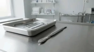 Stainless steel muscle scraper resting on a sterile tray in a clinical environment.